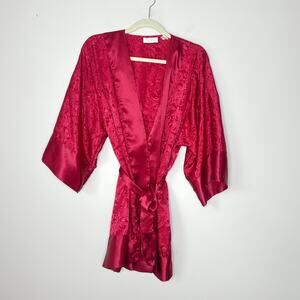 Victoria's Secret Gold Label Short Satin Kimono Robe One Size Red Paisley Damask